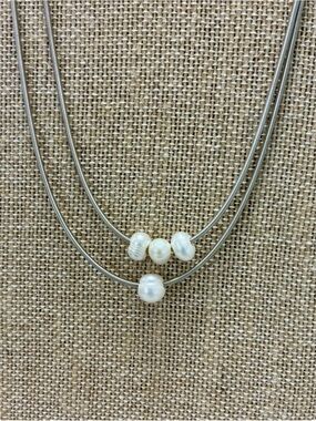 Pearl Accent Multi-Strand Silver Necklace - White Pearls